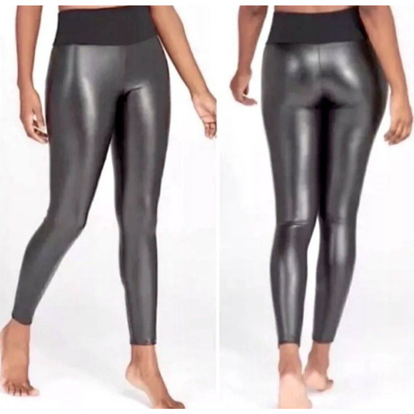 Assets By Spanx Faux Leather Leggings Womens 1X Black Pull On High Rise Edgy - Picture 1 of 8